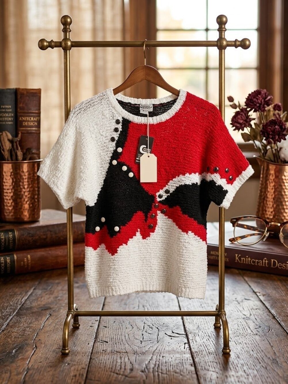 Campus Casuals of Cali NWT red white & black short sleeve knit vintage sweater
